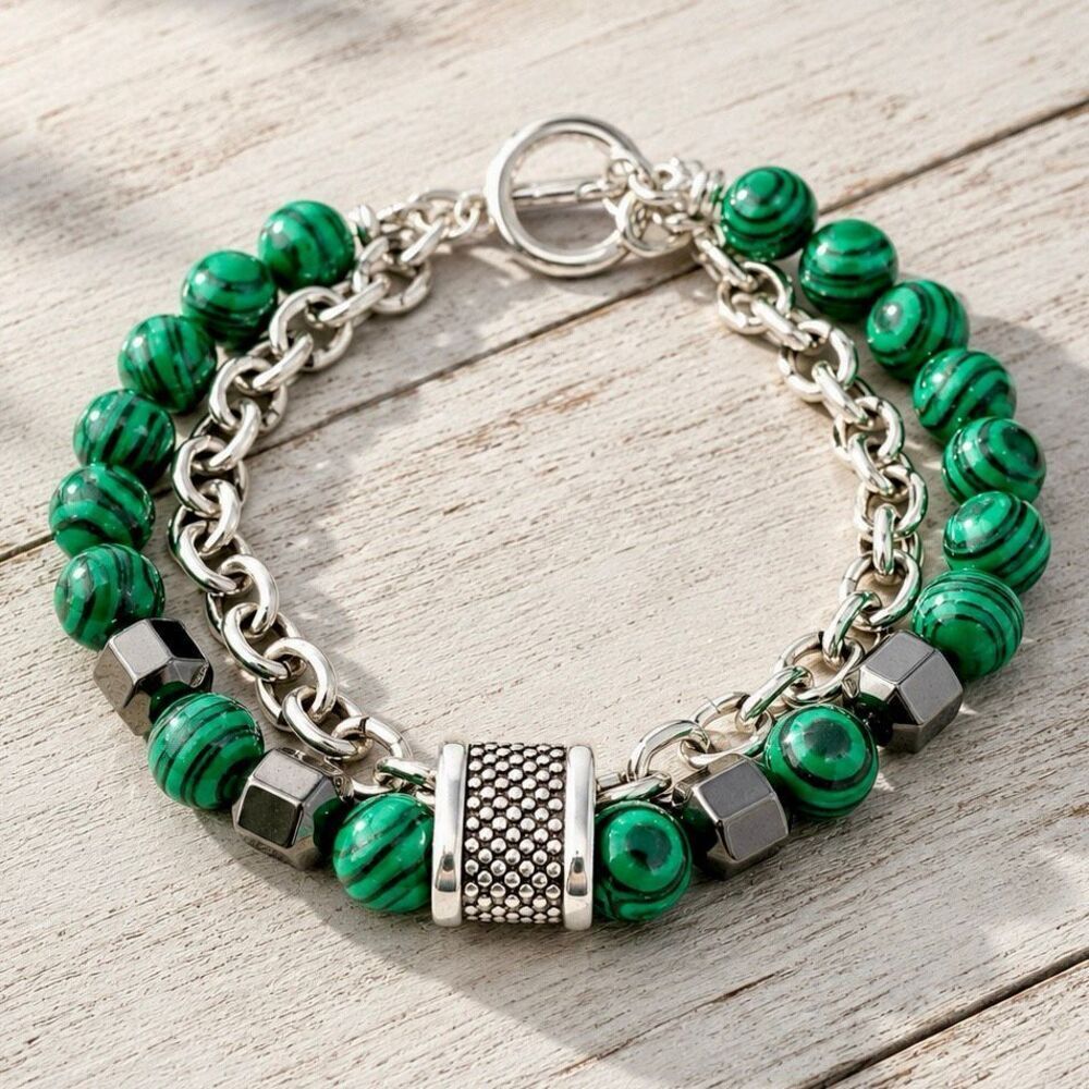 Double Strand Green Beaded Chain Bracelet, Faux Malachite & Hematite
